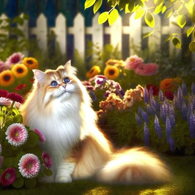 The primary subject of the image is a cat sitting in a garden. The cat is surrounded by a variety of flowers, creating a vibrant and colorful scene. The setting is a garden with a fence in the background. The visual style of the image is a combination of photo and digital art, giving it a unique and artistic appearance. The dominant colors in the image are shades of pink, yellow, and orange, creating a warm and cheerful atmosphere.